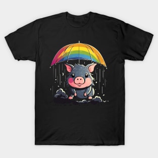 Pot-Bellied Pig Rainy Day With Umbrella T-Shirt